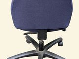 a blue office chair that is sitting on a metal base
