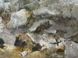a painting of a group of animals in a rocky area