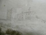 drawing of a castle on a hill with a bridge in the foreground