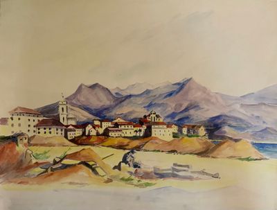 a watercolor painting of a village by the ocean