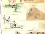 plusieurs dessins représentant des personnes et des animaux dans diverses poses, sur une feuille de papier
