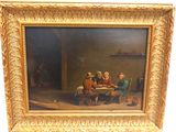 peinture d'un groupe de personnes assises autour d'une table dans une pièce