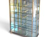 a glass display case with many shelves in it