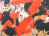 peinture abstraite réalisée à l'aide de peinture noire, rouge et blanche sur un mur