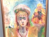 une peinture à l'huile représentant une femme coiffée d'un chapeau, posée sur un chevalet
