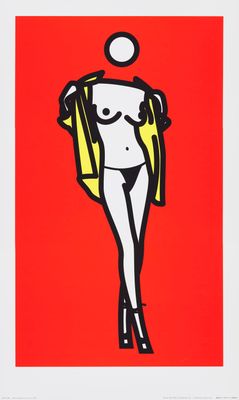 a painting of a woman in a bikini with a sun above her head