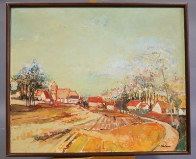 an oil painting of a farm scene with a plow in the foreground and houses in the background