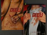 two books on a table with a man holding a knife in one hand and a woman holding a knife in the other