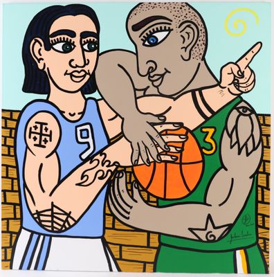 une image représentant un tableau où l'on voit un homme et une femme tenant un ballon de basket