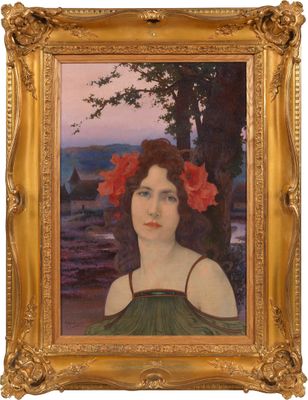 une peinture à l'huile représentant une femme avec des fleurs dans les cheveux