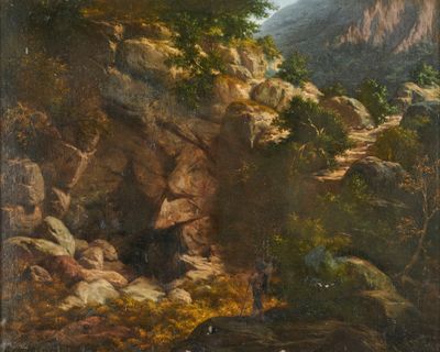 tableau représentant un paysage de montagne avec, au premier plan, un homme et un chien