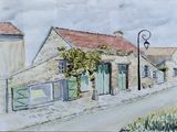 une peinture représentant une scène de rue avec des bâtiments et un lampadaire