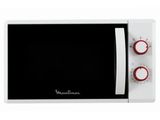 white microwave with red knobs on top of it on a white surface