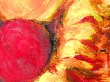 an oil painting of a sunflower with a red center and yellow petals