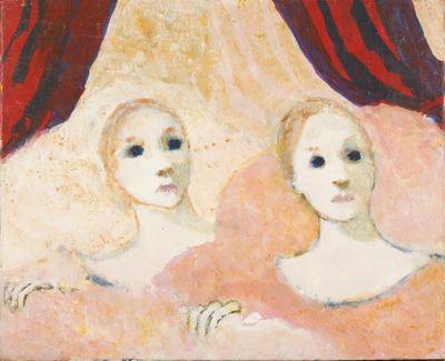 painting of two women sitting in front of a red curtain