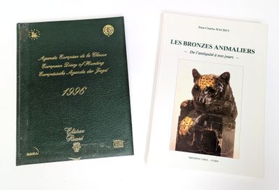 two books on a white table with a green cover and a black cat