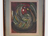 painting of a rooster in a frame hanging on a wall