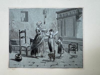 a drawing of a woman and two children in a living room