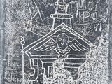 dessin en noir et blanc représentant une église surmontée d'un clocher