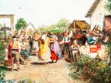 a painting of a group of people gathered outside a house