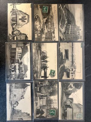 several black and white photographs of a train and a building