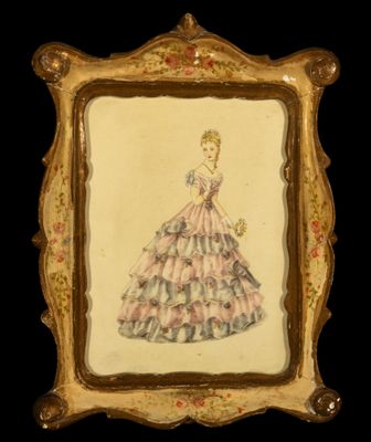 painting of a woman in a pink dress in a gold frame