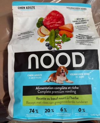 a bag of nood dog food with a dog ' s face