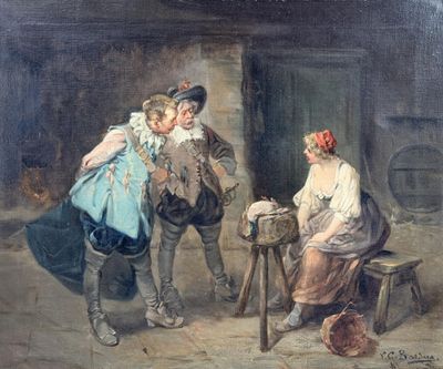 a painting of a man and a woman talking to each other
