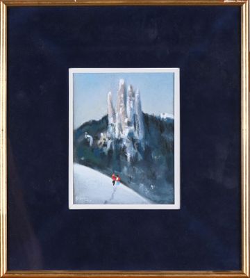 painting of a person skiing down a snowy mountain with a mountain in the background
