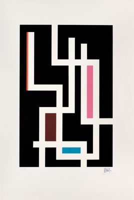 une peinture en noir et blanc avec des lignes roses, bleues et rouges