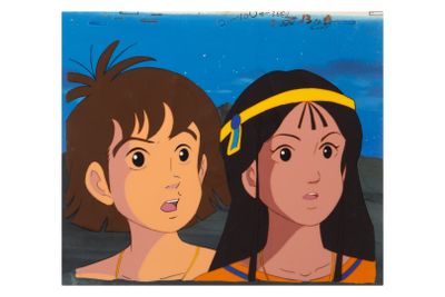 an image of two young girls standing next to each other in front of a blue sky