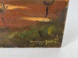 an oil painting on canvas of a landscape with trees and a field