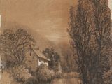 dessin représentant un paysage avec une maison et une rivière au premier plan