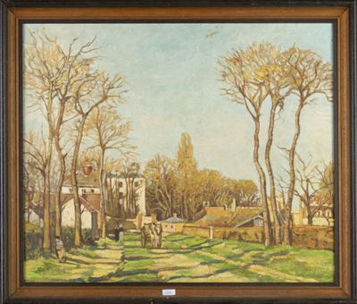 une image représentant un tableau illustrant une scène de vie à la ferme avec une calèche tirée par un cheval