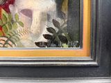 un tableau représentant un chat assis sur le rebord d'une fenêtre, à côté d'une plante en pot