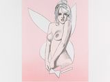 pink and white drawing of a woman with a knife in her hand