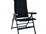 a black folding chair with arm rest and foot rest
