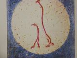 painting of two giraffes standing in front of a full moon