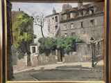 an oil painting of a street scene with buildings in the background