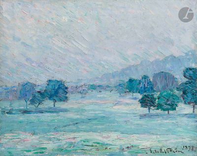 an image of a painting of a field with trees in the background