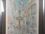 painting of a city street with a fountain in the middle of it