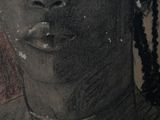painting of a woman with dreadlocks on her head in a black and white photo