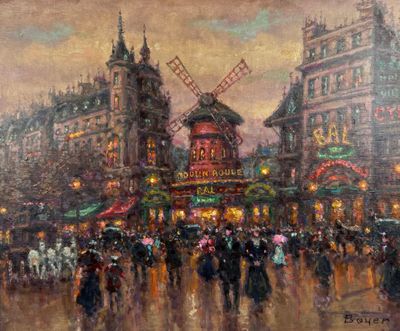 une peinture à l'huile représentant des personnes marchant dans une rue de la ville, la nuit