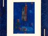 painting of a man in a blue room with a blue background