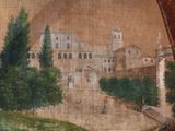 painting of a view of a town with a church and trees in the foreground