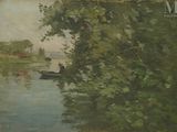 une peinture représentant un homme dans un bateau sur l'eau