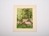 a picture of a painting of a cabin in the woods