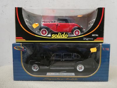 la maquette d'une vieille voiture noire, dans une boîte posée sur une table
