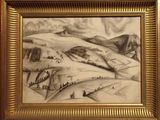 dessin représentant un paysage avec une montagne en arrière-plan