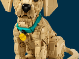 a dog made out of legos sitting on a blue background